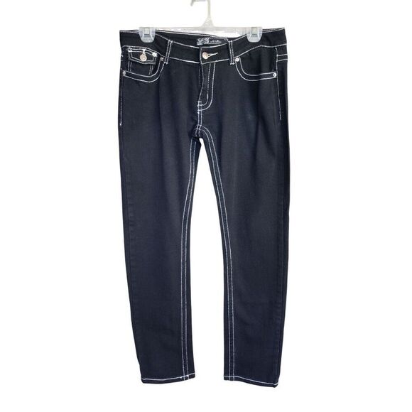 U-51 Juniors Low Rise Jeans 9/10 Black Chic Stretchy Thick Stitching Hip Hop - Picture 7 of 8